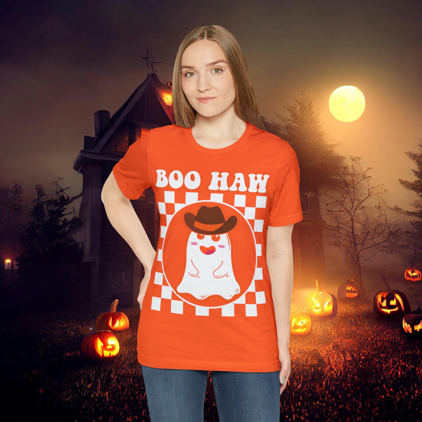 Cute Cowboy Ghost Saying Boo Haw Retro Groovy Western Halloween Unisex Jersey Short Sleeve Tee Gifts for Him Gifts For Her