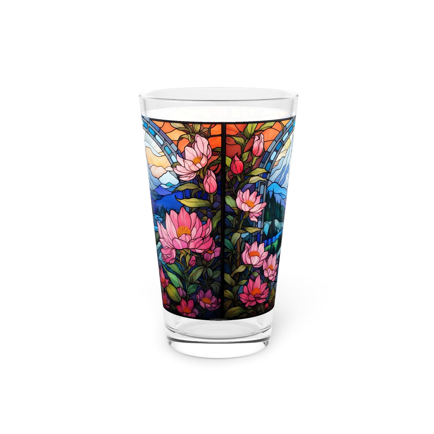 Mountain Creek Serenity, A Pink Floral Stained Glass artwork on a 16oz Pint Glass Gift idea, gifts for home decor, housewarming gift