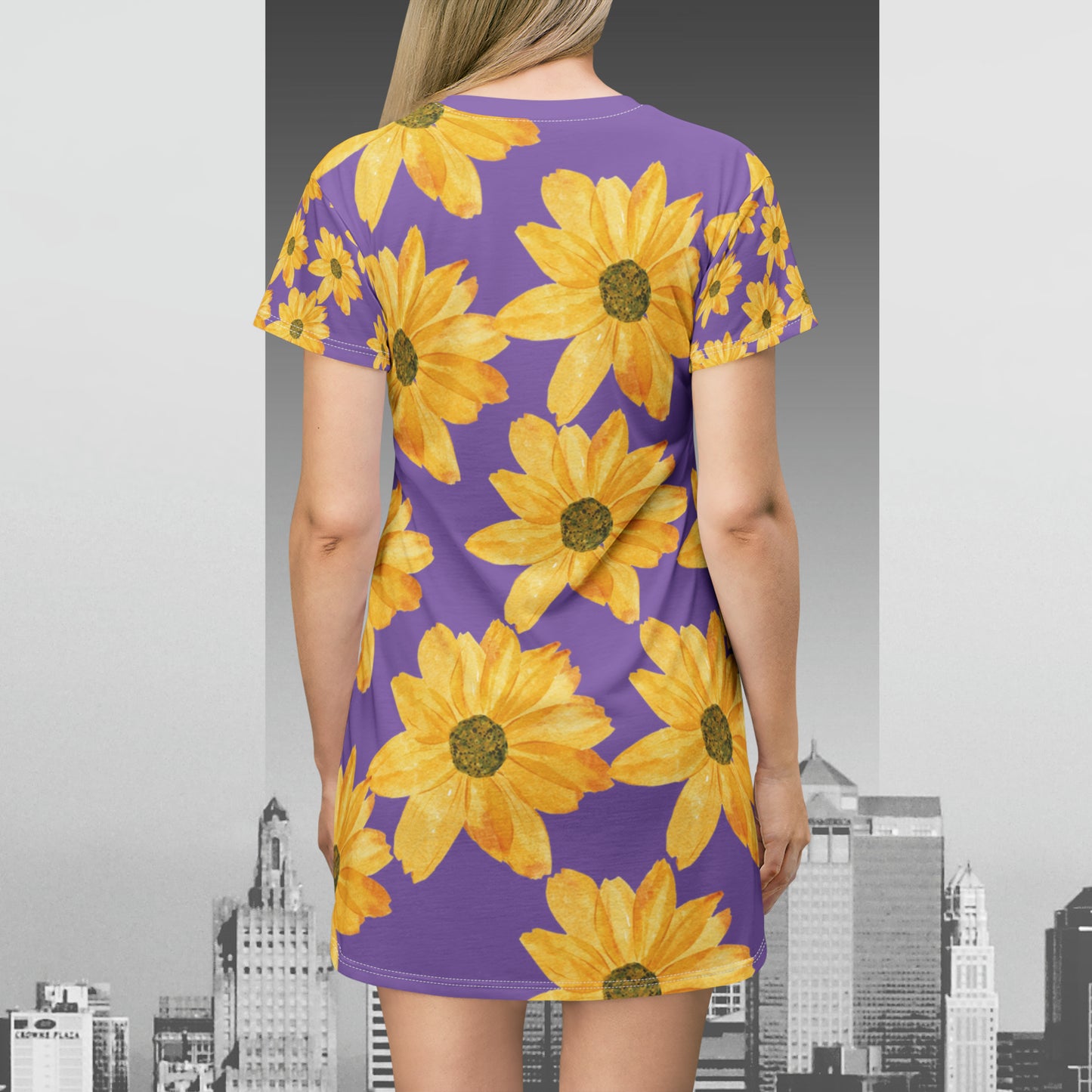 Yellow Flowers on Purple T-Shirt Dress (AOP)