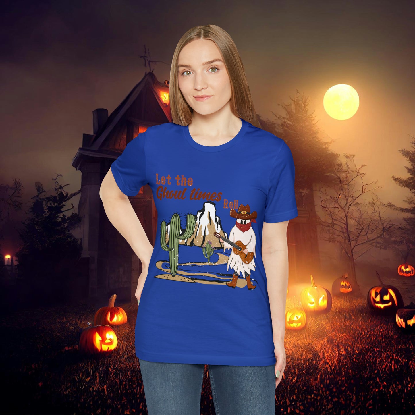 Cowboy Ghost playing the Guitar singing Let the Ghoul times roll Halloween Unisex Jersey Short Sleeve Tee Gifts for him Gifts for Her