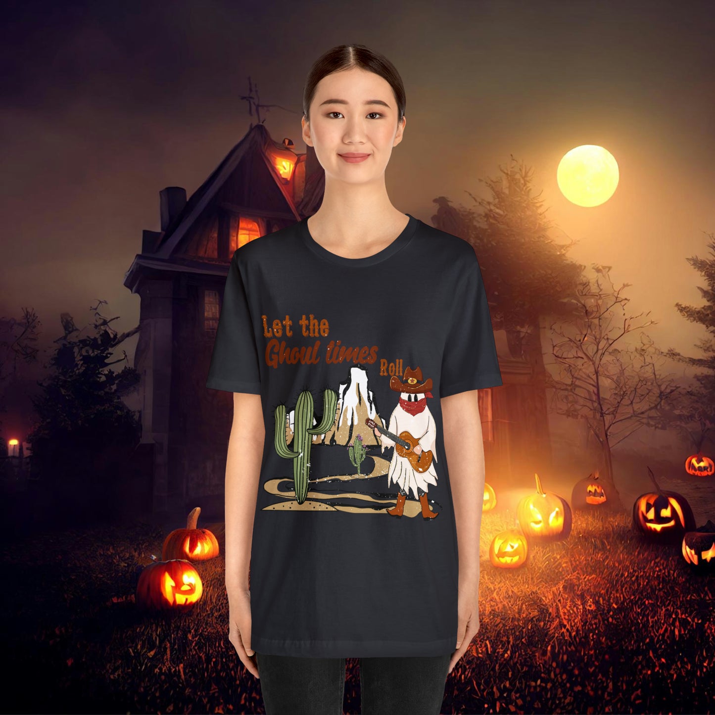 Cowboy Ghost playing the Guitar singing Let the Ghoul times roll Halloween Unisex Jersey Short Sleeve Tee Gifts for him Gifts for Her