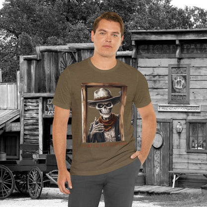 Spooky Saloon Showdown Gunslinging Skeleton Cowboy Halloween Unisex Jersey Short Sleeve Tee