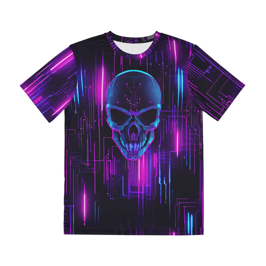 Men's Polyester Tee (AOP) - 3D Neon Cyborg Skull & Futuristic Lights Cyberpunk