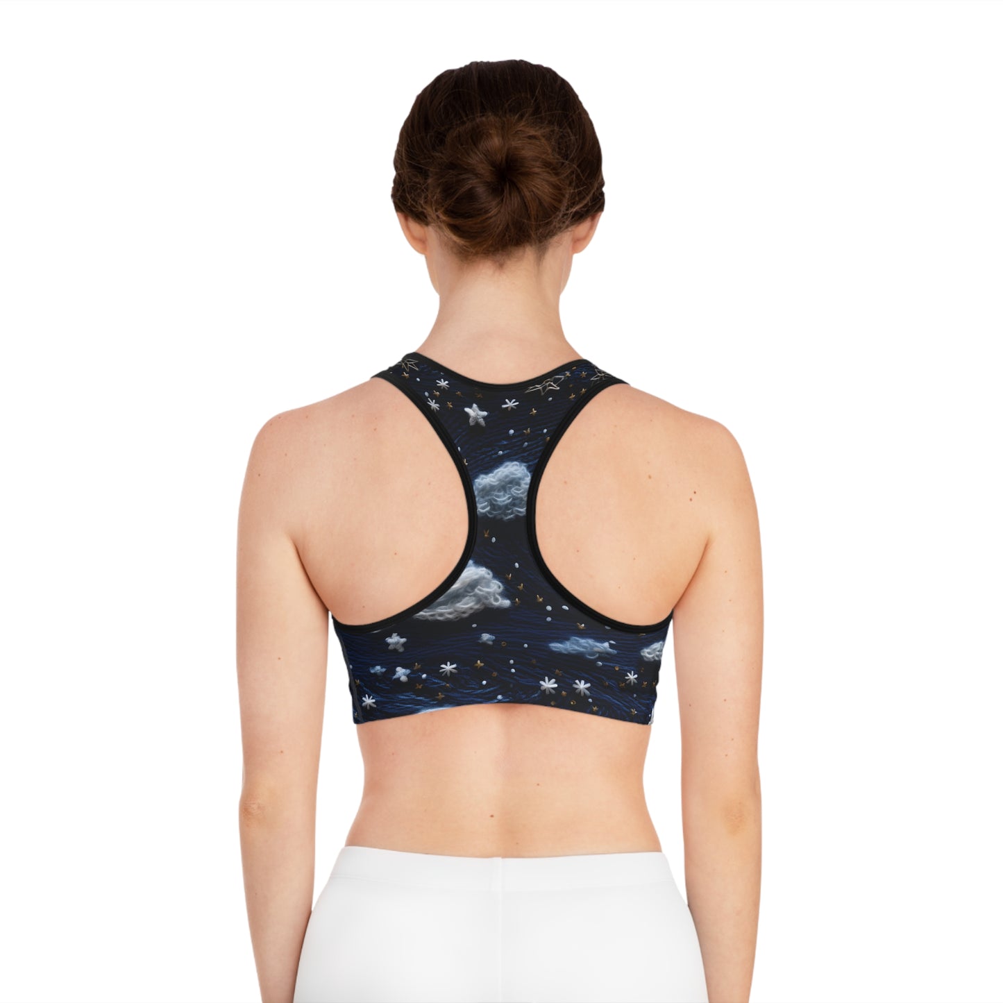 Faux Embroidered Night Sky Women's Sports Bra Stellar Style and Comfort Sports Bra (AOP)