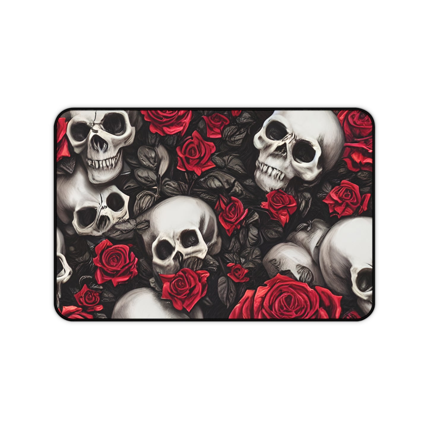 Hyper Realistic Skulls and Red Roses by artist Anne-Laure Goupil Desk Mat