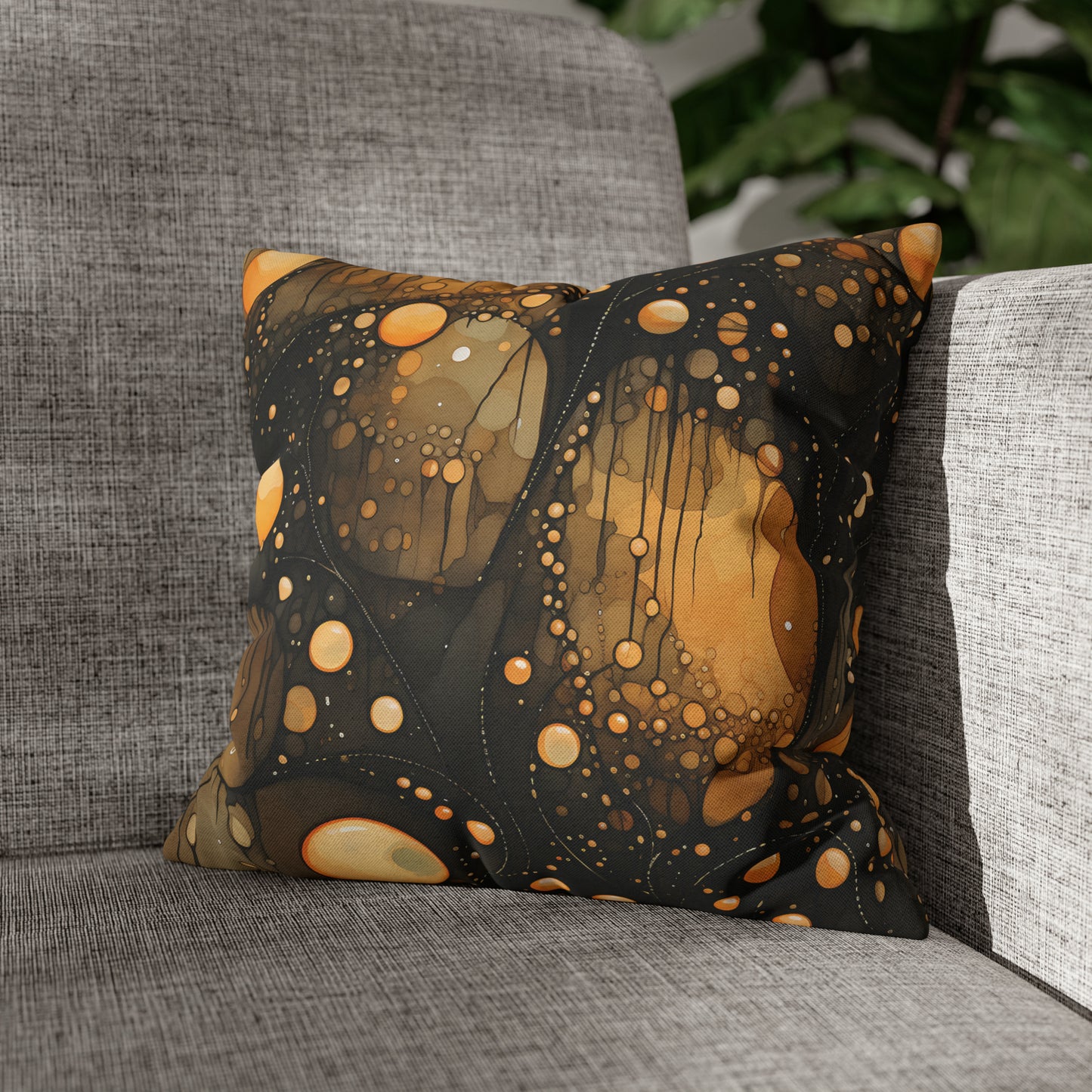 Halloween Yellow Orange Floating Blobs and Dark Spun Polyester Square Pillow Case