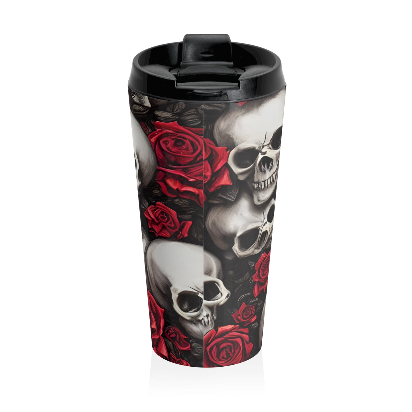 Hyper Realistic Skulls and Red Roses by artist Anne-Laure Goupil Stainless Steel Travel Mug