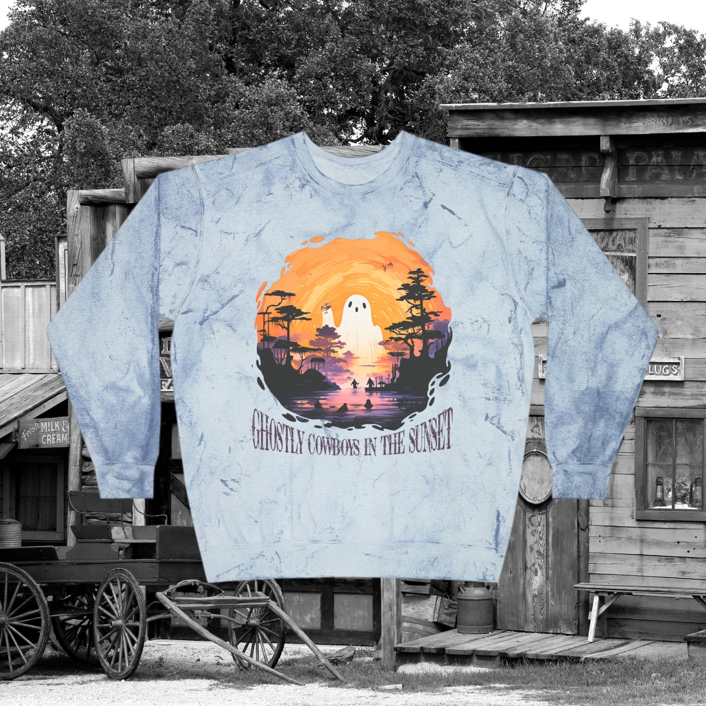 Ghostly Cowboys In the Sunset Western Halloween Unisex Color Blast Crewneck Sweatshirt Gifts for Her Gifts for Him