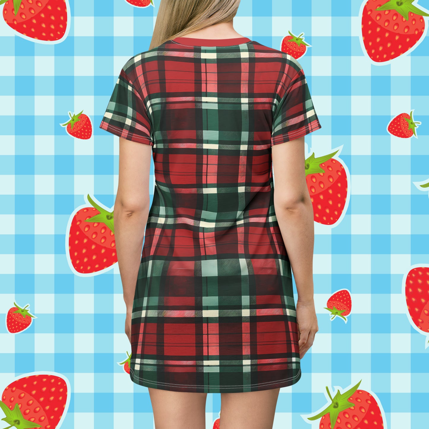 Chic and Festive: Christmas Plaid All Over Print T-Shirt Dress 🎄👗