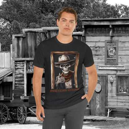 Spooky Saloon Showdown Gunslinging Skeleton Cowboy Halloween Unisex Jersey Short Sleeve Tee