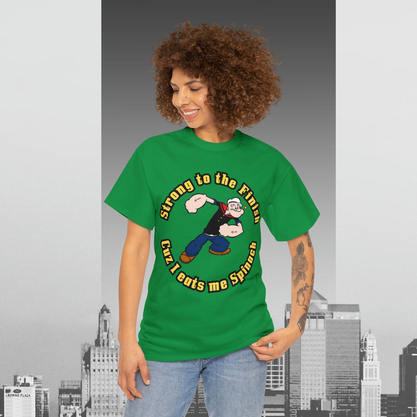 Popeyes Strong to The Finish Cuz I eats me SpinachUnisex Heavy Cotton Tee