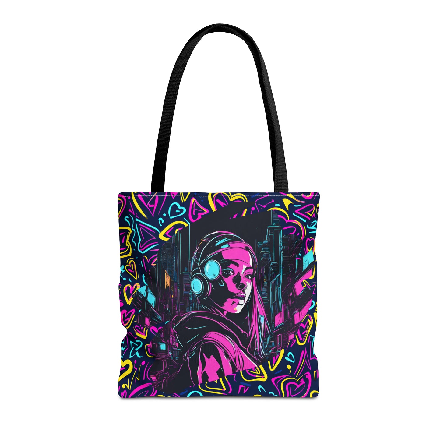 Cyberpunk Girl in Neon Graffiti Hearts AOP Tote Bag 3 sizes 5 color handle options