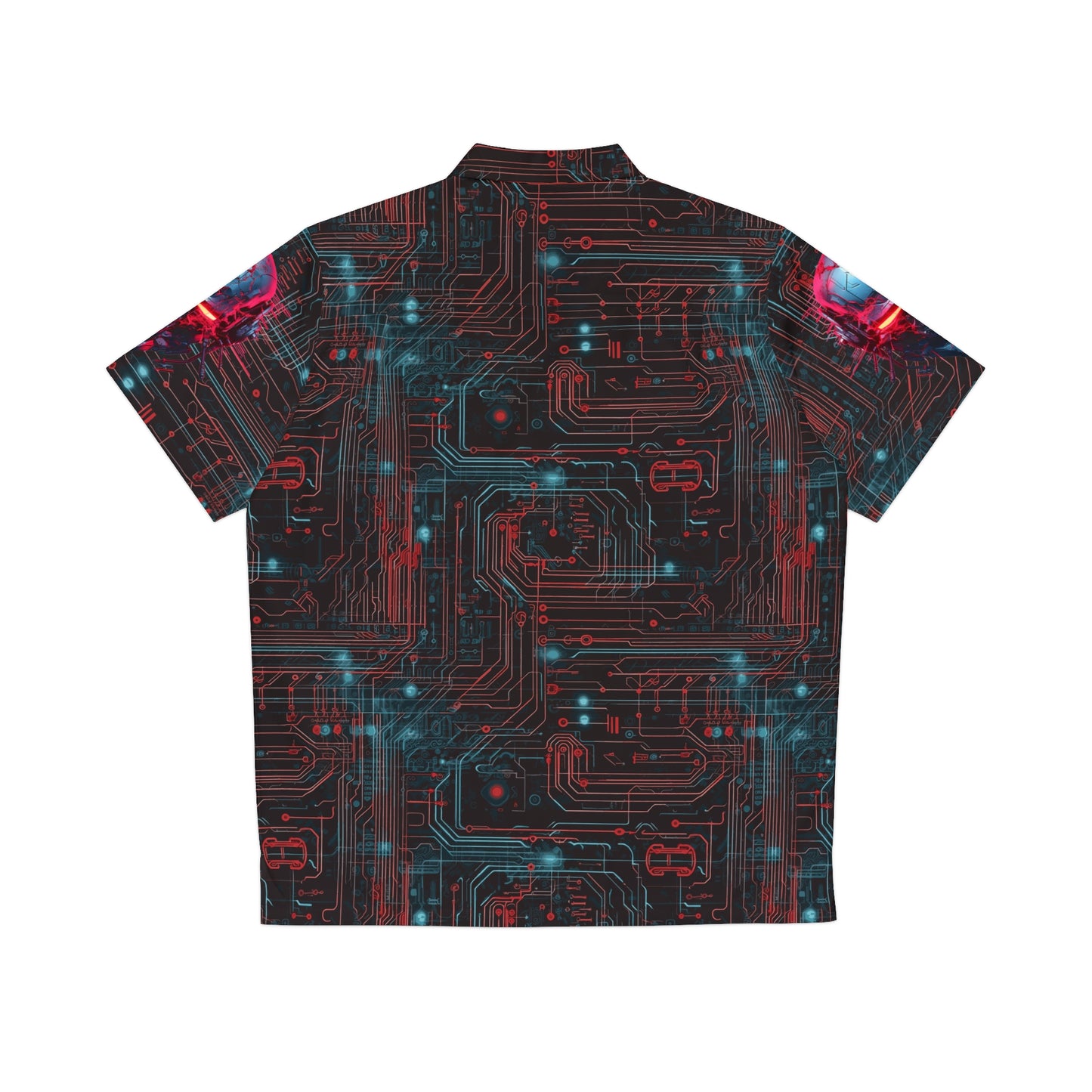 CyberPunk Cybernetic Skull breaking through a Red and Blue Neon Circuit Board Men's Hawaiian Shirt (AOP)