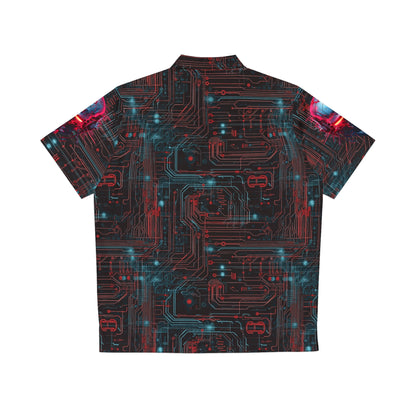 CyberPunk Cybernetic Skull breaking through a Red and Blue Neon Circuit Board Men's Hawaiian Shirt (AOP)