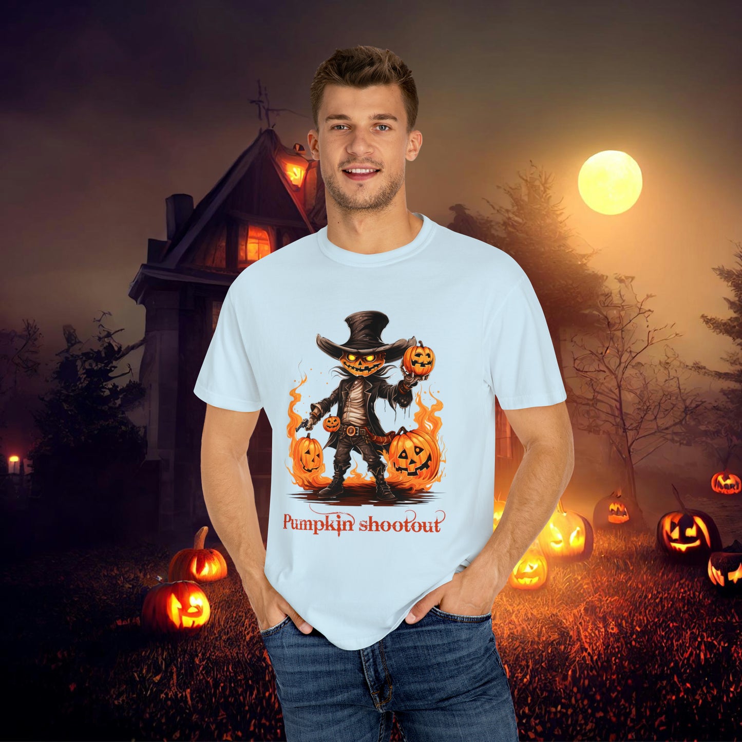 Cowboy Skeleton Gunslinger Pumpkin Shoot Out Halloween Unisex Garment-Dyed T-shirt Gifts for her Gifts for him