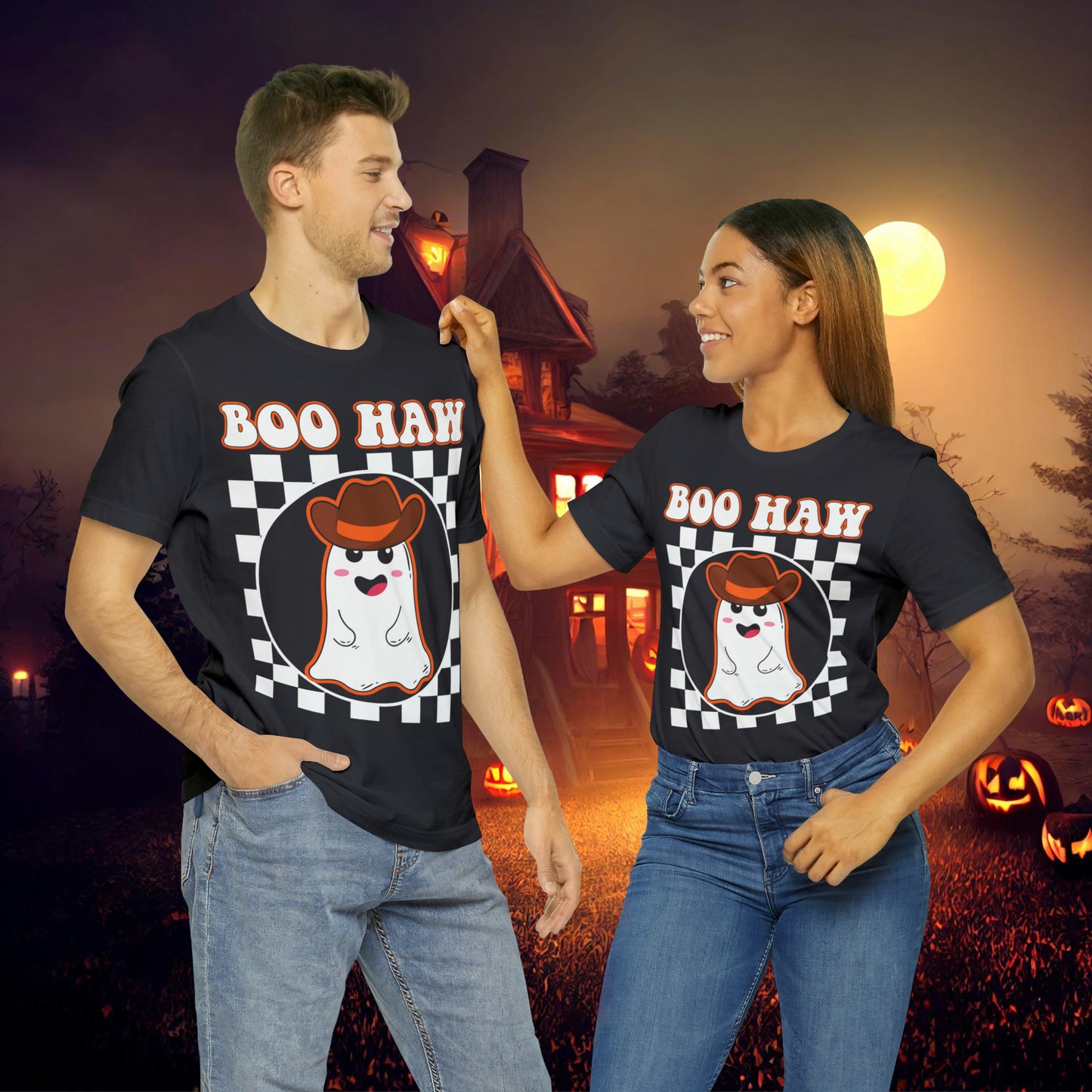 Cute Cowboy Ghost Saying Boo Haw Retro Groovy Western Halloween Unisex Jersey Short Sleeve Tee Gifts for Him Gifts For Her