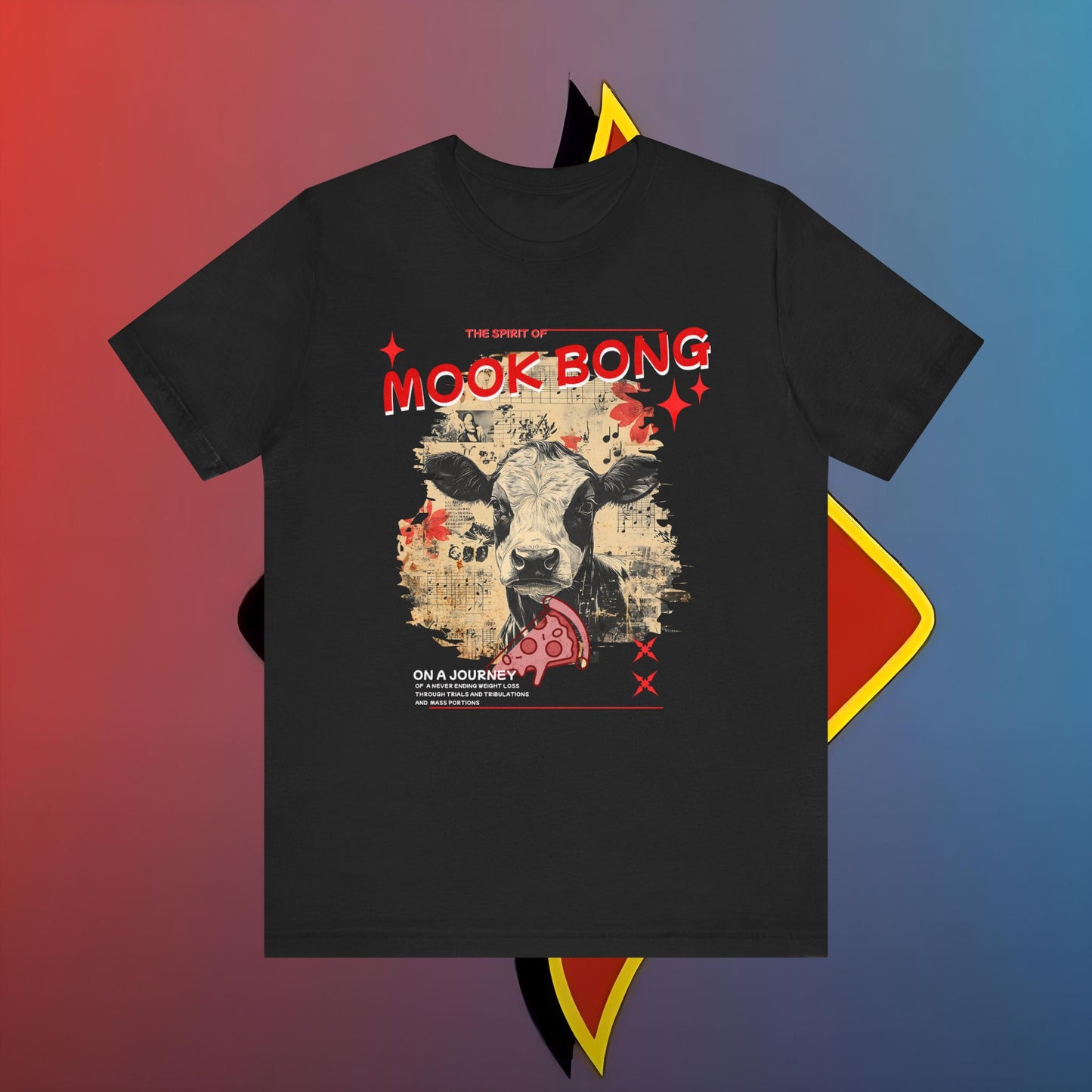 Black t-shirt with graphic design and text on a gradient background