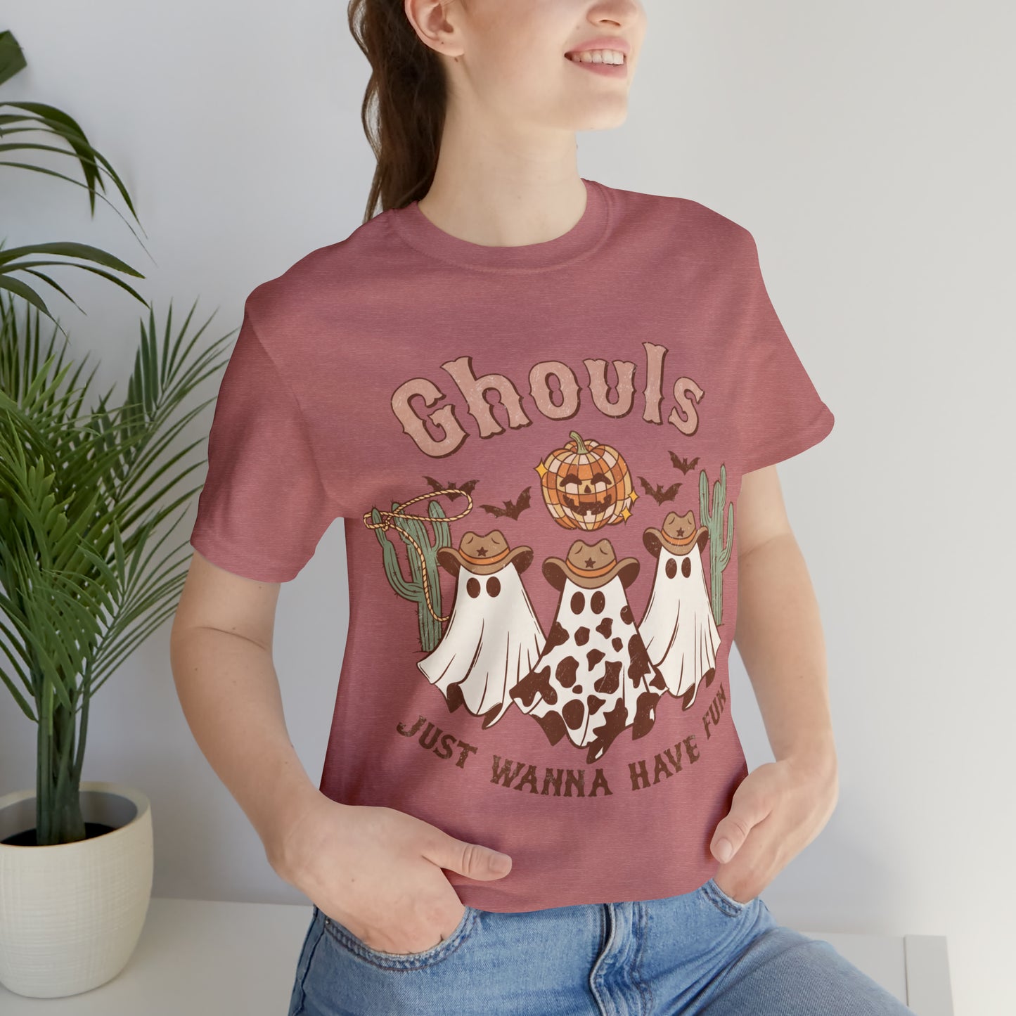 Ghouls Just wanna have fun Cowgirl Ghosts Retro Halloween Unisex Jersey Short Sleeve Tee Gifts for her