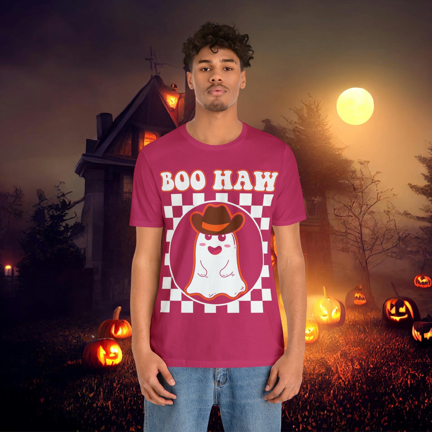 Cute Cowboy Ghost Saying Boo Haw Retro Groovy Western Halloween Unisex Jersey Short Sleeve Tee Gifts for Him Gifts For Her