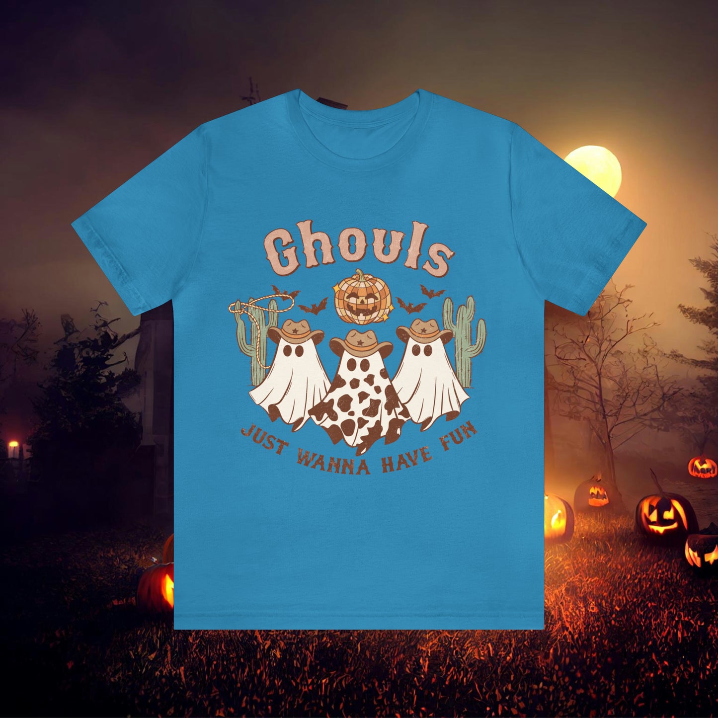 Ghouls Just wanna have fun Cowgirl Ghosts Retro Halloween Unisex Jersey Short Sleeve Tee Gifts for her