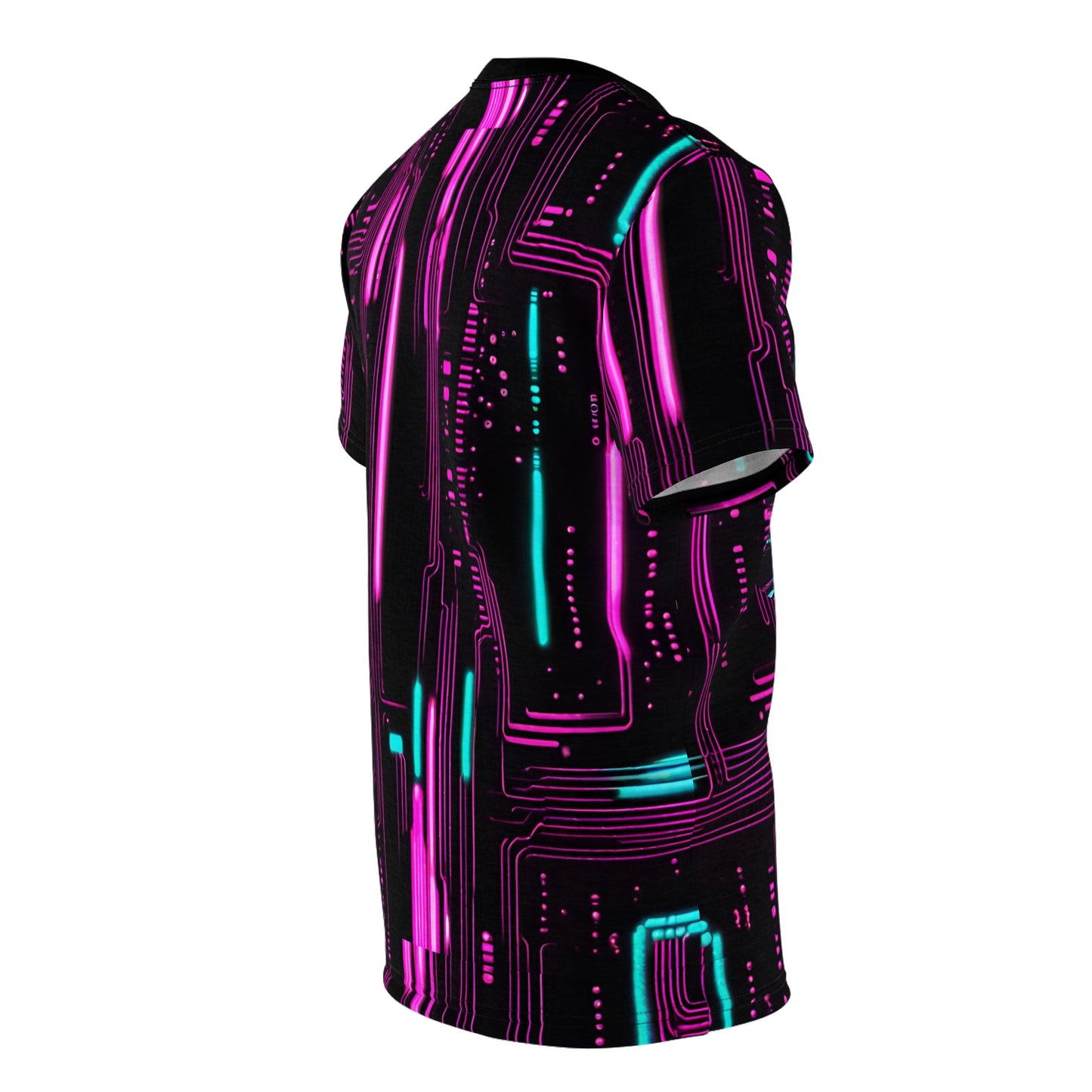 Cyberpunk Girl Unisex AOP Tee - Neon Lights & 3D Circuit Board Design