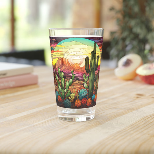 Desert Cactus Bloom: A Stained Glass Tribute to Cacti 16oz Pint Glass Gift idea gifts for home decor housewarming gift