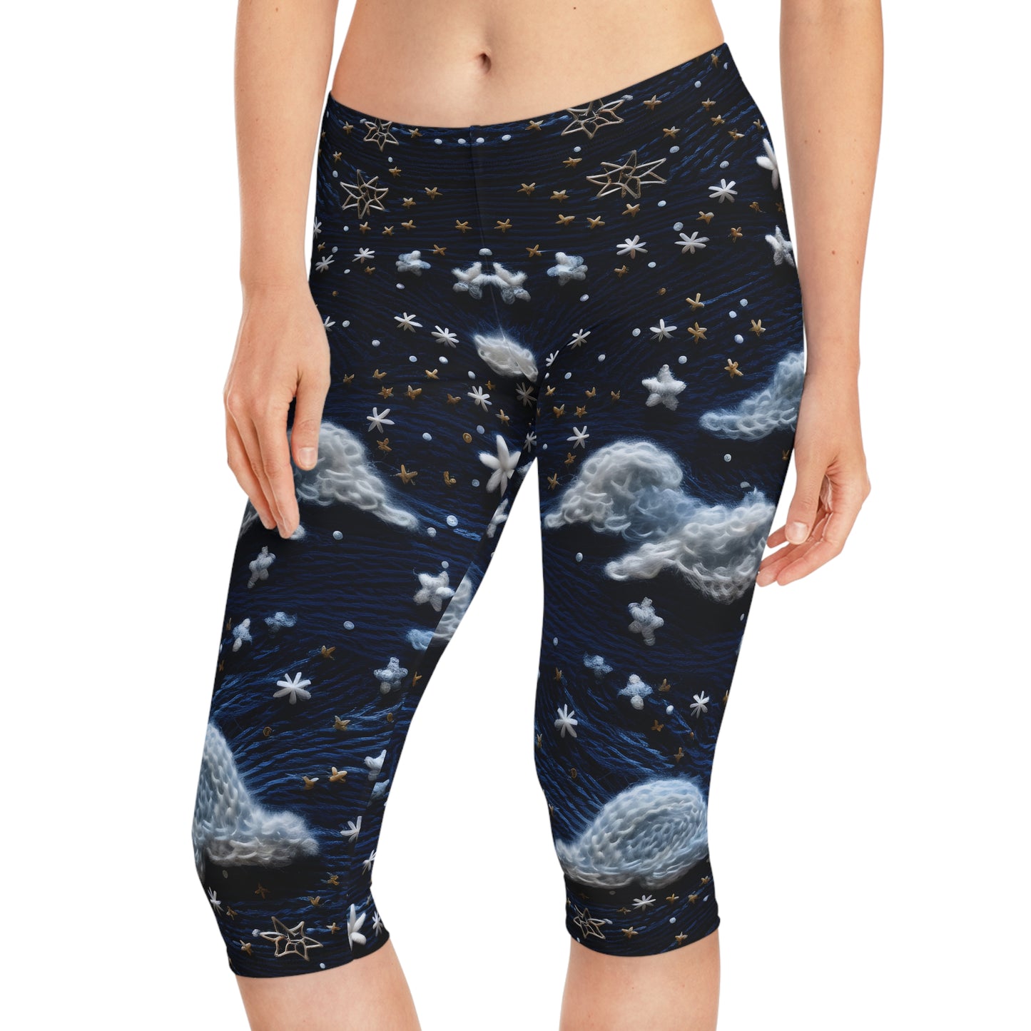 Women's Capri Leggings with Faux Embroidered Night Sky Pattern - AOP Fitness & Yoga Leggings Women's Capri Leggings (AOP)