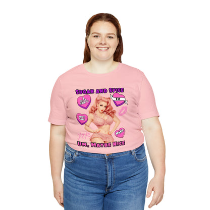 Sarcastic Elegance: Vintage Pink Pinup Girl "Sugar and Spice" on a Bella+Canva 3001 Unisex Jersey T-Shirt - A Must-Have Gift for her