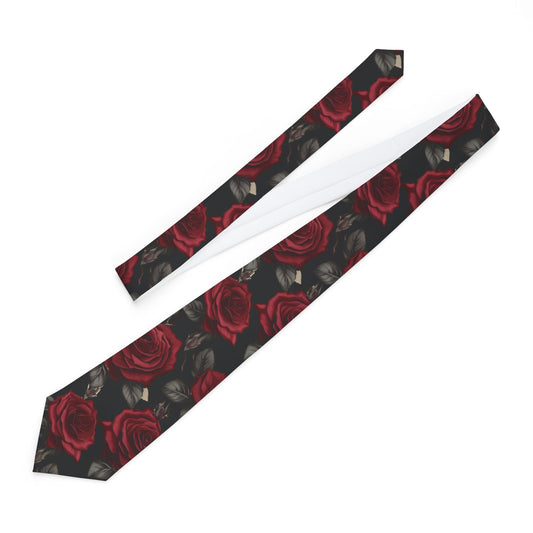Red Rose Pattern Necktie — Elegant Dark Floral Tie for Weddings & Romantic Gifts