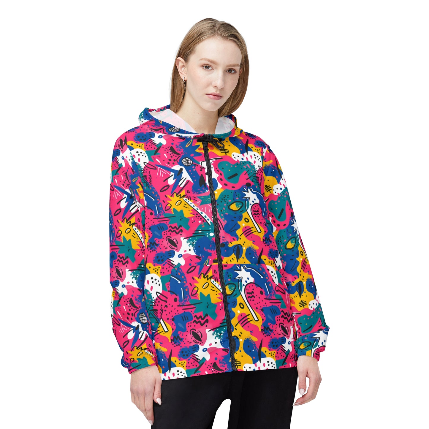 Abstract Pop Windbreaker Jacket (AOP) Featuring on the Back everyone favorite sailor Popeye