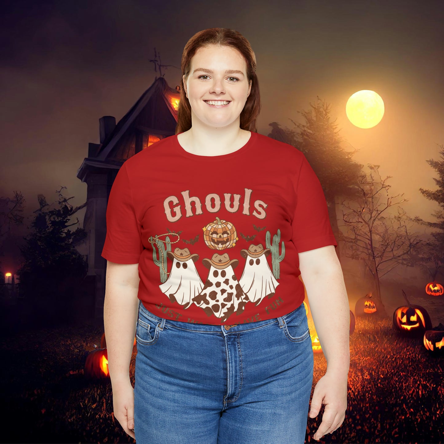 Ghouls Just wanna have fun Cowgirl Ghosts Retro Halloween Unisex Jersey Short Sleeve Tee Gifts for her