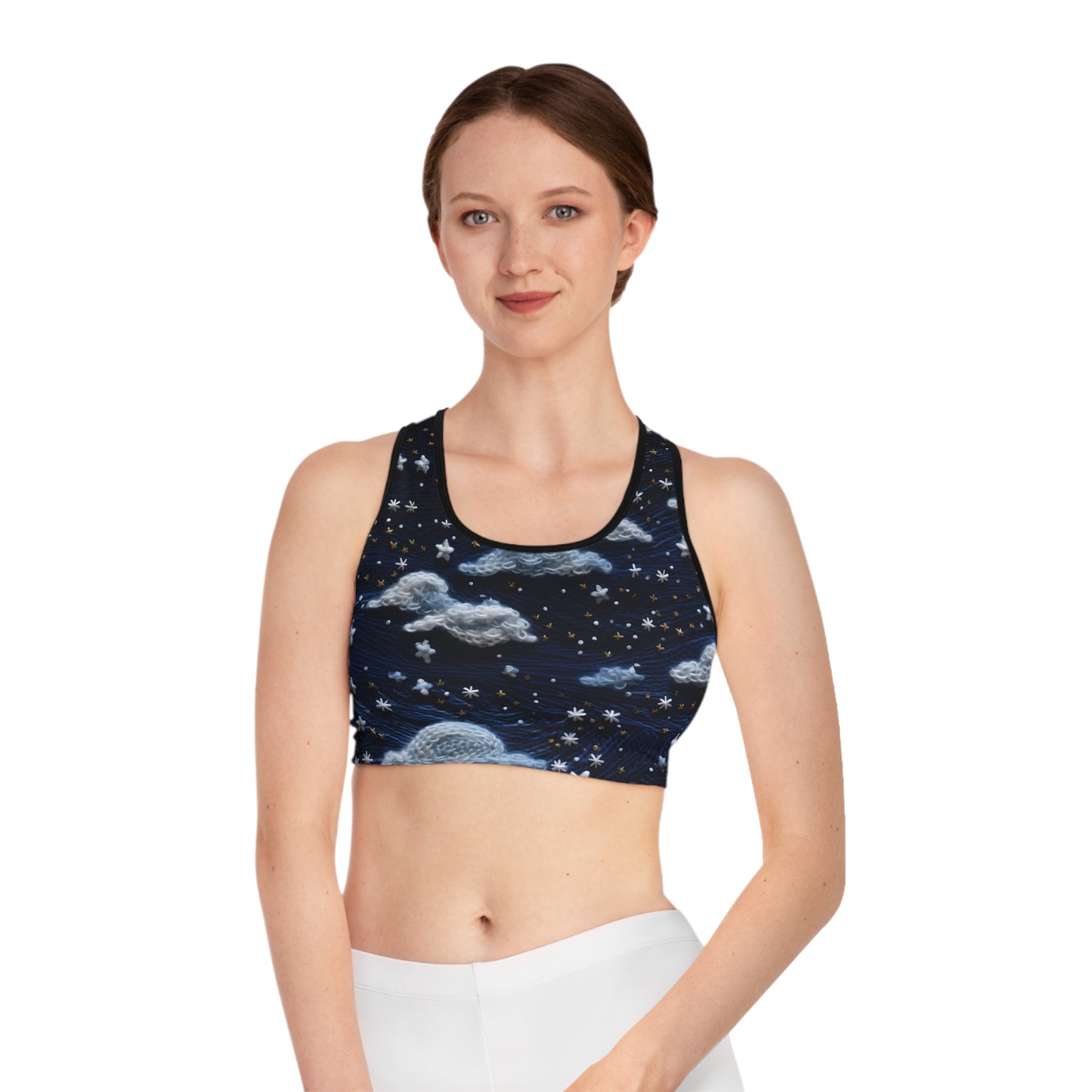 Faux Embroidered Night Sky Women's Sports Bra Stellar Style and Comfort Sports Bra (AOP)