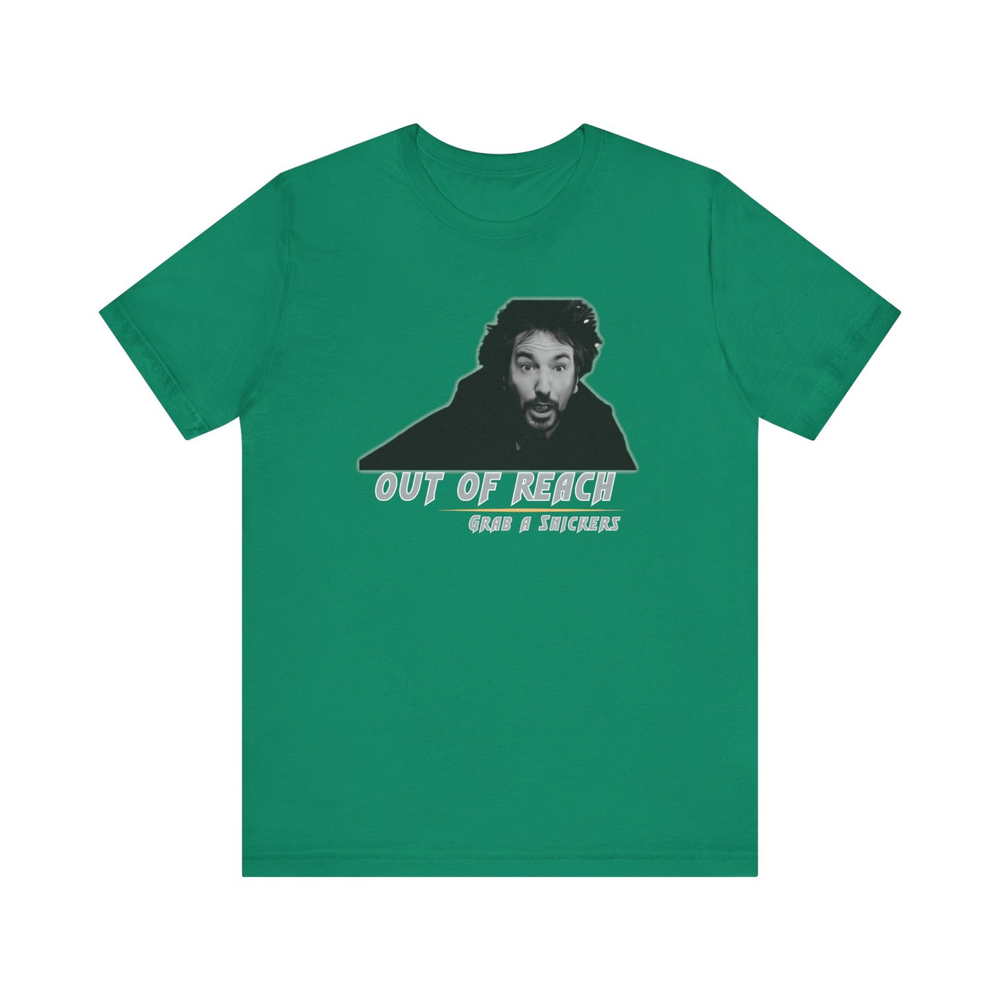Inspired Parody Die Hard Hans Gruber Tee: Out of Reach, Grab a Snickers! Unisex Jersey Short Sleeve Tee