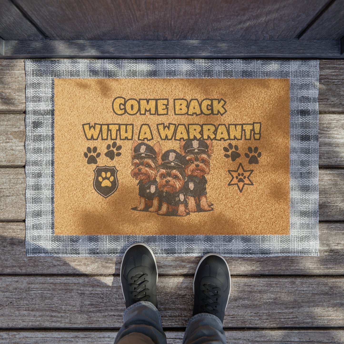 Funny 'Come Back with a Warrant' Yorkshire Terrier Police Dogs Doormat | 24" x 16" | Outdoor Coir Welcome Mat