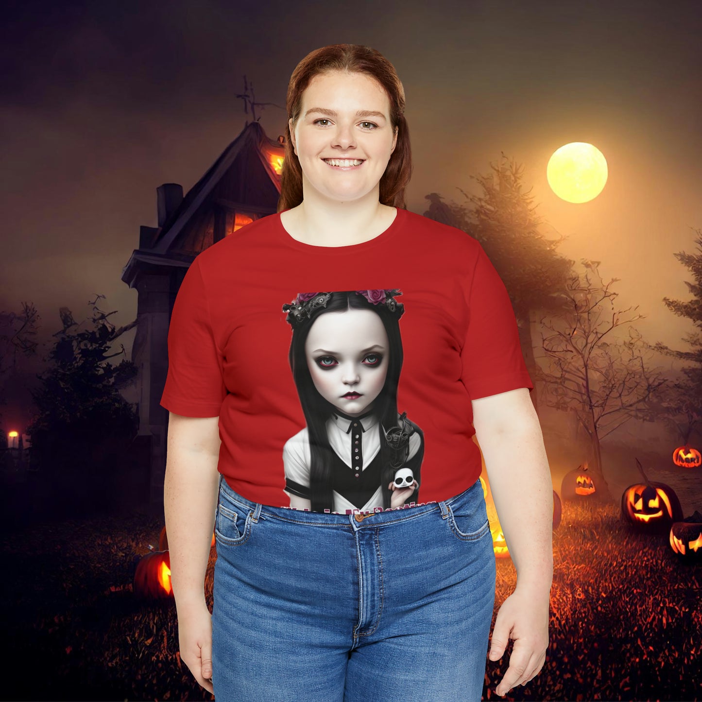 Wednesday Addams Chibi by Charlie Bowater This Is my Resting Witch Face Halloween Unisex Jersey Short Sleeve Tee