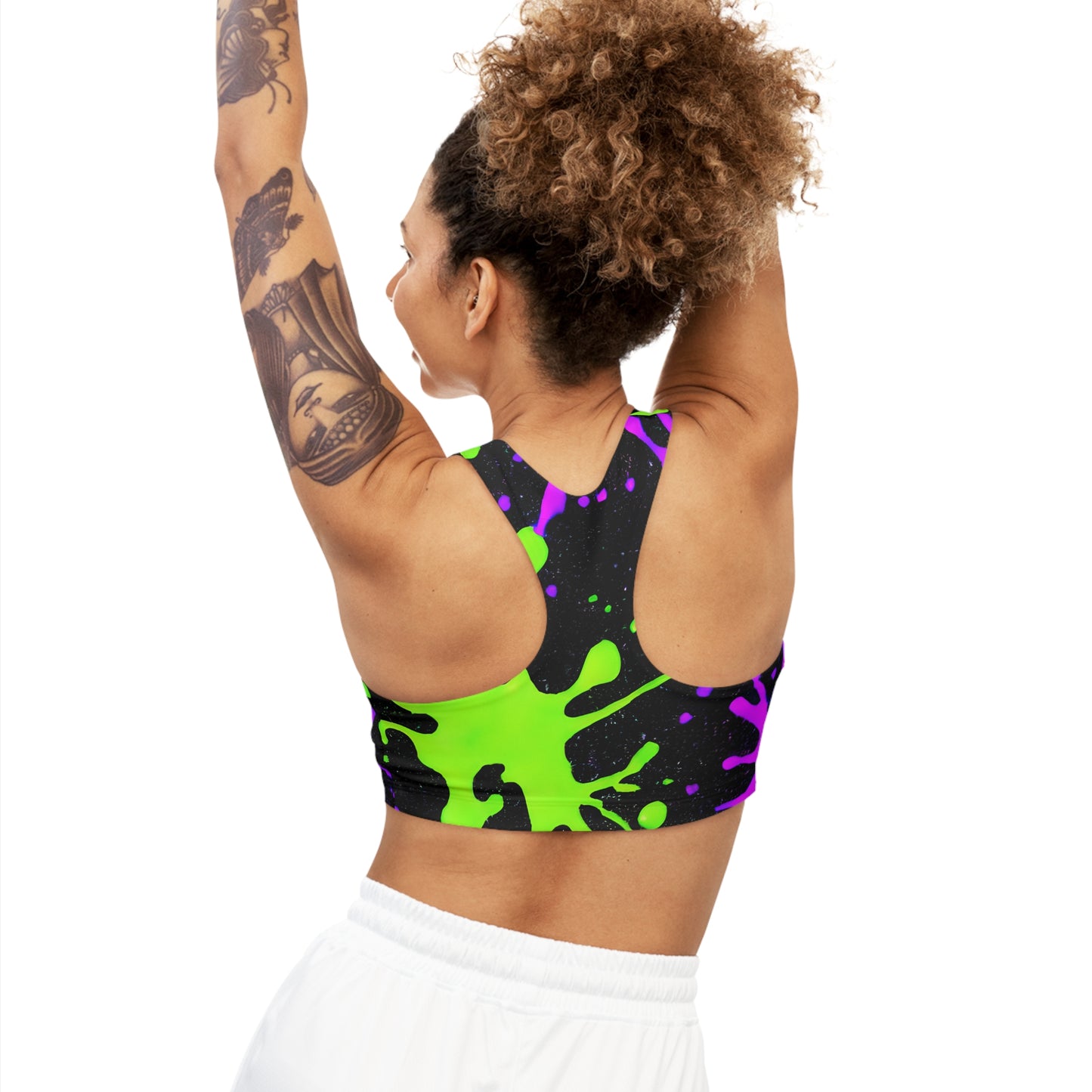 Seamless Sports Bra with Green and Pink Paint Splatter - Stylish Support for Your Active Lifestyle