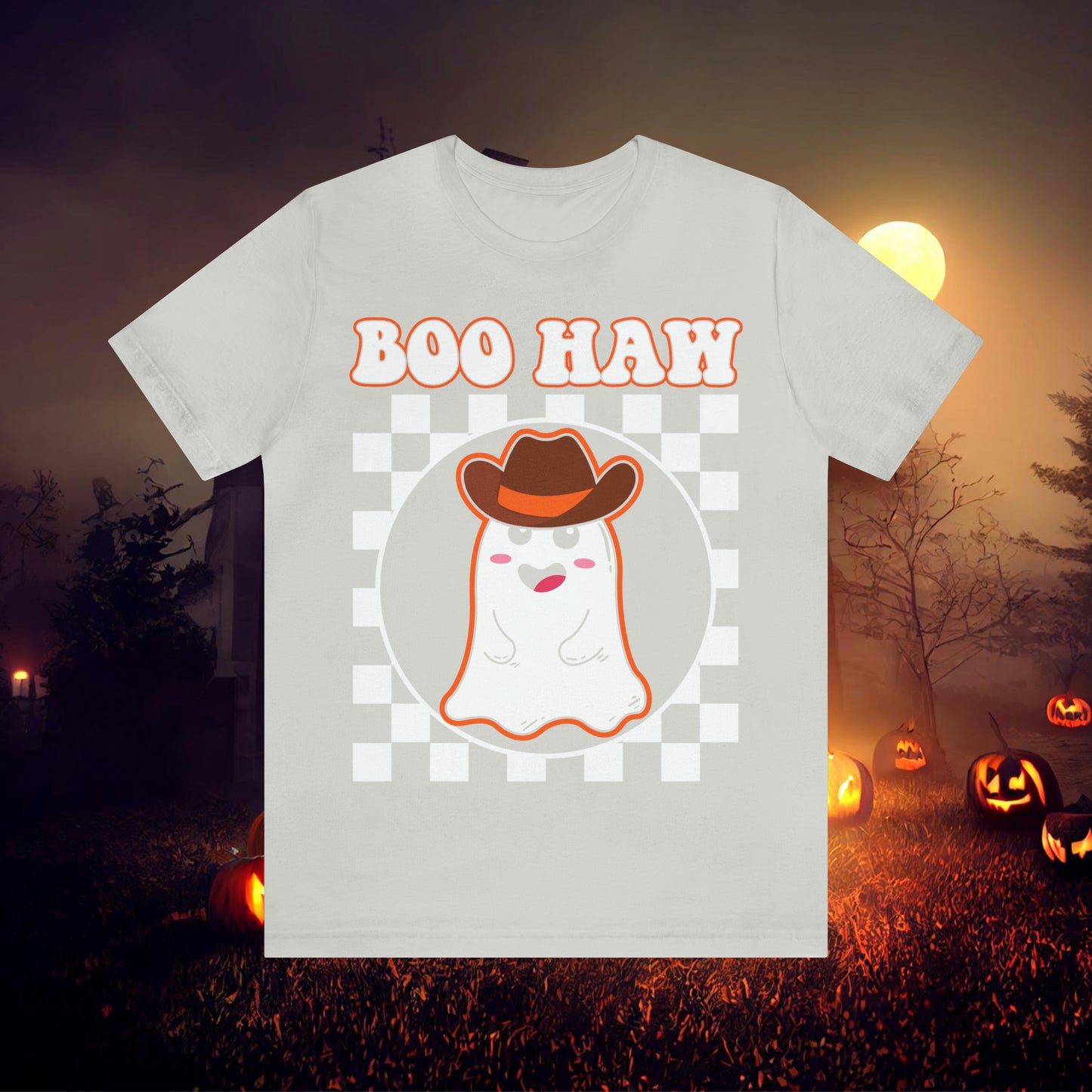 Cute Cowboy Ghost Saying Boo Haw Retro Groovy Western Halloween Unisex Jersey Short Sleeve Tee Gifts for Him Gifts For Her