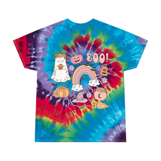 Boo Ghosts and Rainbow Groovy Retro Halloween Tie-Dye Tee, Spiral Gifts for Him Gifts for Her