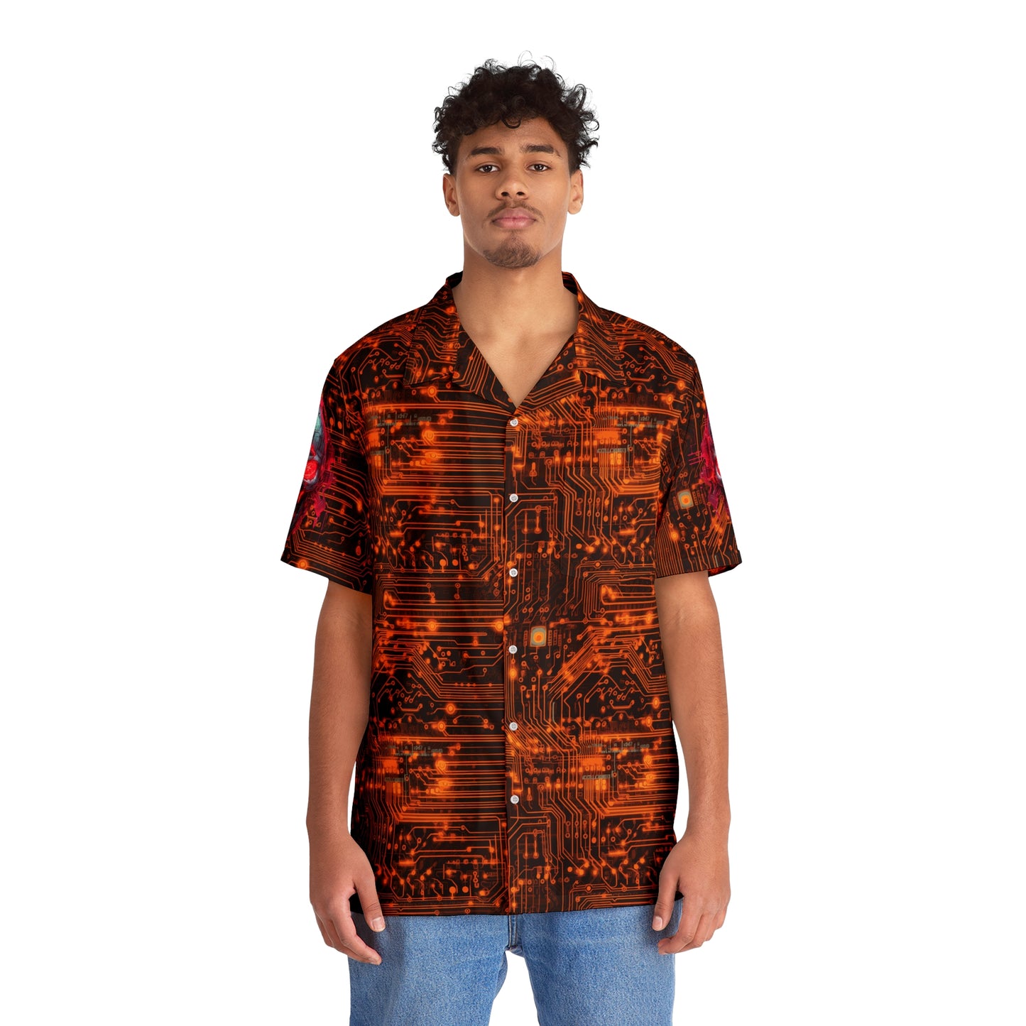 CyberPunk Cybernetic Skull breaking through a Orange Neon Circuit Board Men's Hawaiian Shirt (AOP)