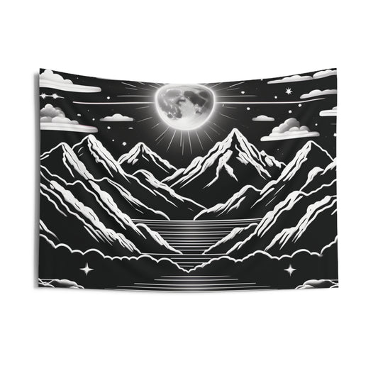 Mesmerizing Mountain Moonlight: Indoor Tapestry with Full Moon and Majestic Mountains