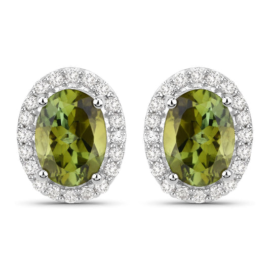 1.92 Carat Genuine Green Tourmaline and White Diamond 14K White Gold Earrings