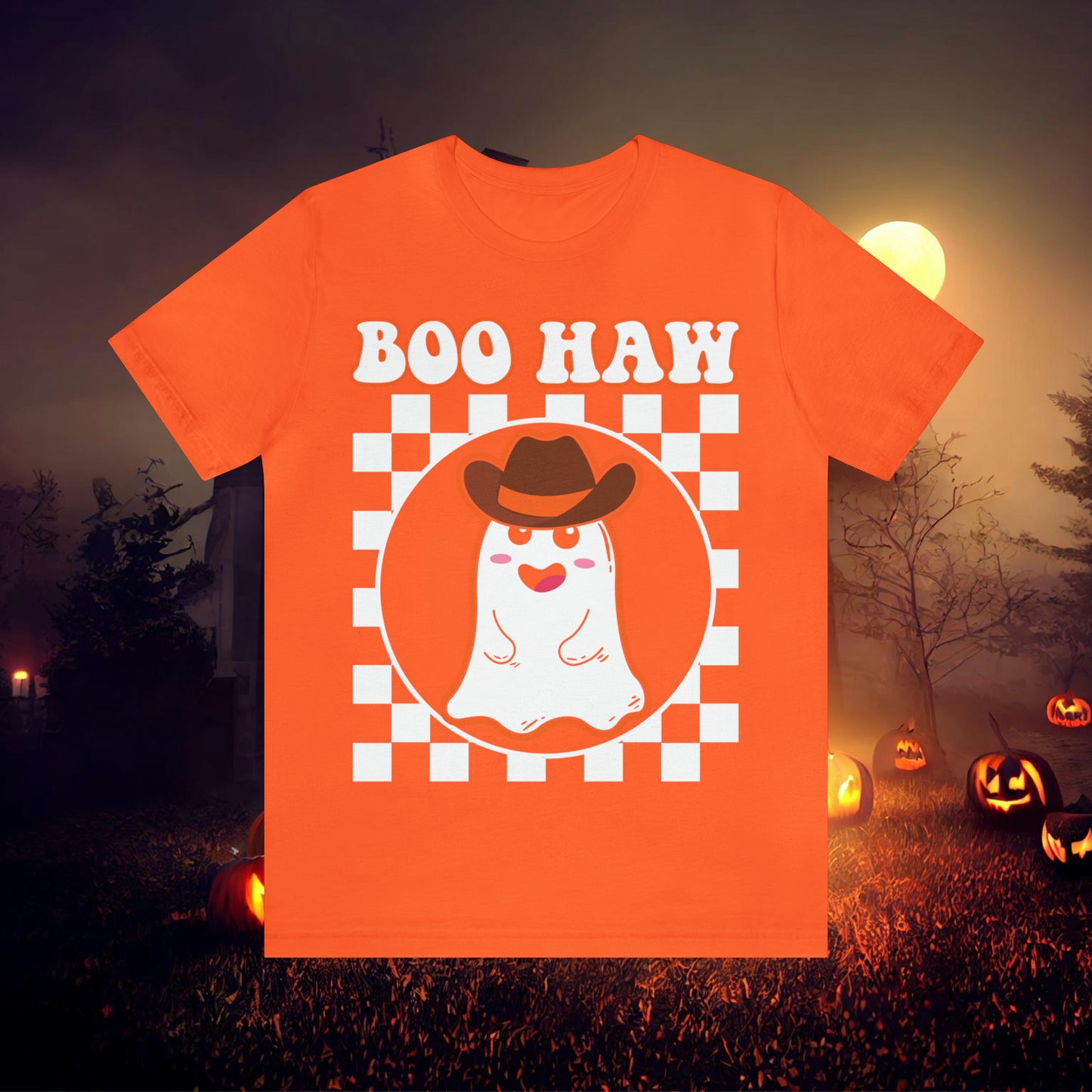 Cute Cowboy Ghost Saying Boo Haw Retro Groovy Western Halloween Unisex Jersey Short Sleeve Tee Gifts for Him Gifts For Her