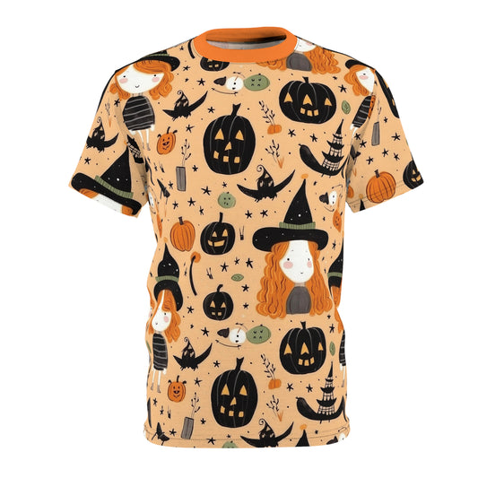 Halloween Trick or Treat Ghosts Witch Hats Jack o Lanterns Unisex Cut & Sew Tee (AOP)