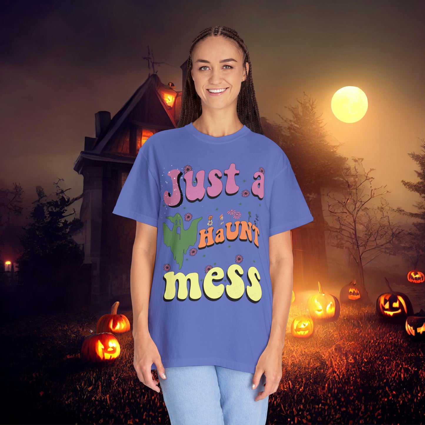 Just a Haunt Mess Retro Halloween Unisex Garment-Dyed T-shirt Gifts for Her Gifts for him