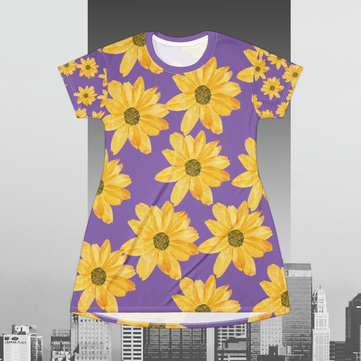 Yellow Flowers on Purple T-Shirt Dress (AOP)