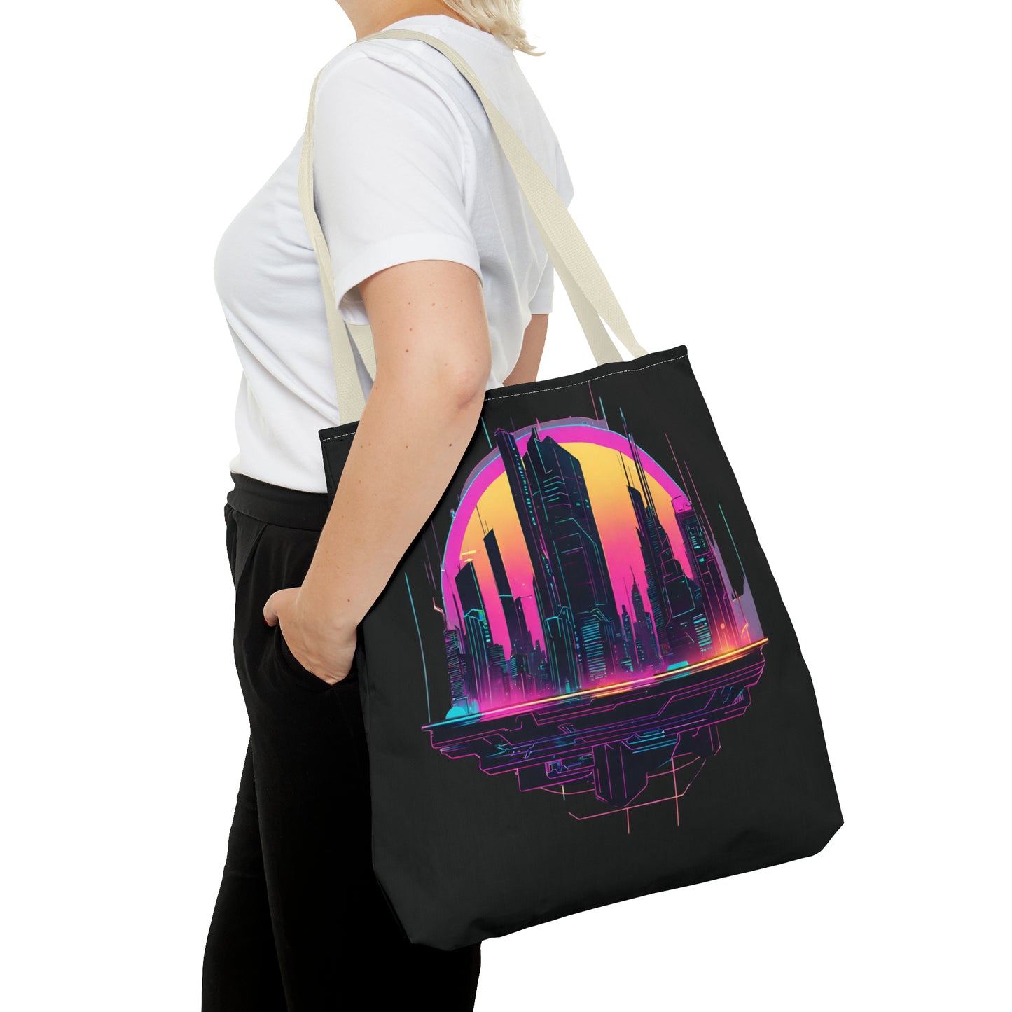 Cyberpunk City Landscape AOP Tote Bag 3 sizes 5 color handle options