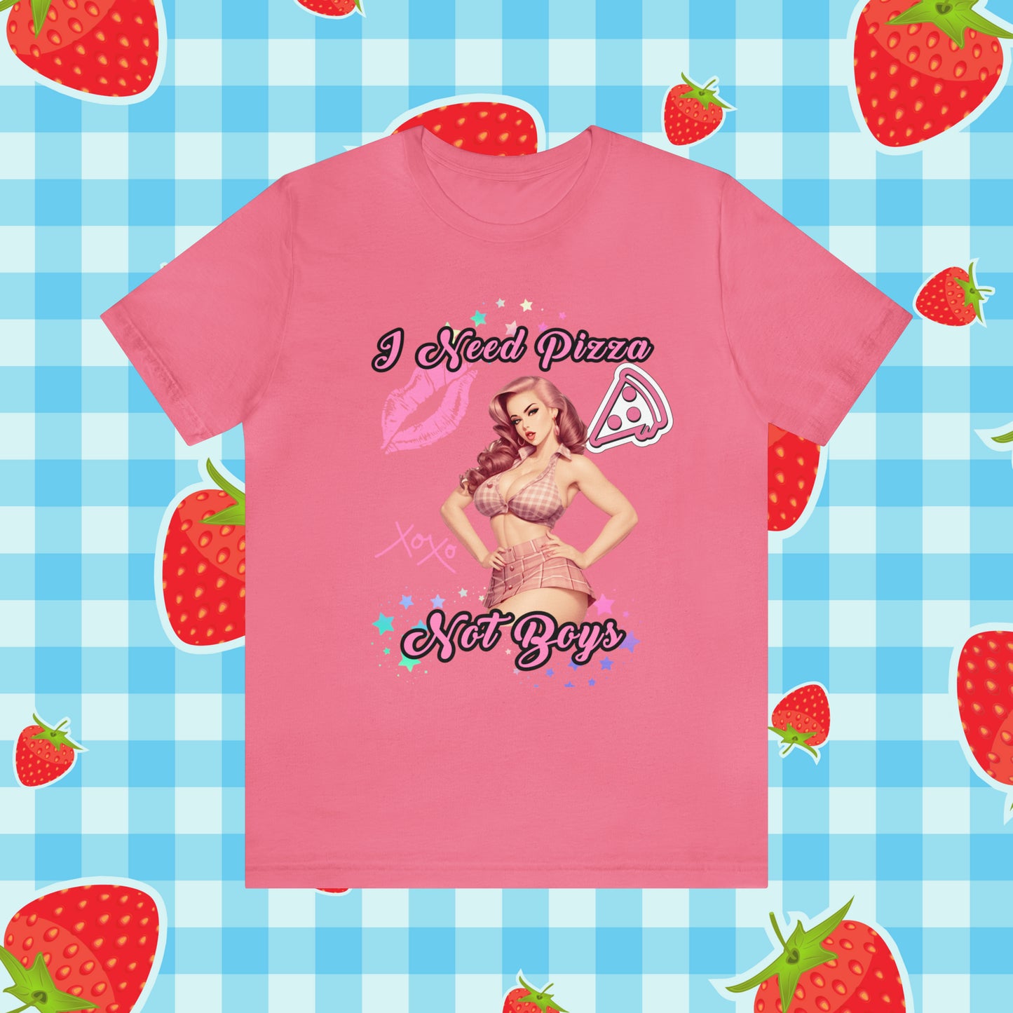 Vintage Pink Pinup Girl "I need Pizza Not Boys" on a Bella+Canva 3001 Unisex Jersey T-Shirt - A Must-Have Gift for her