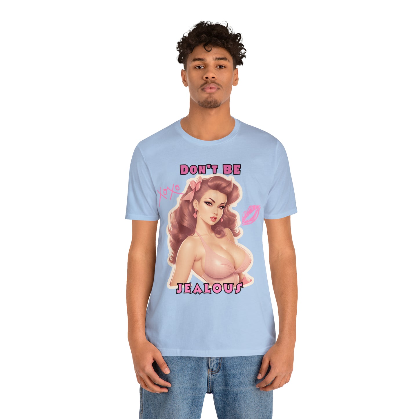 Timeless Elegance: Vintage Pink Pinup Girl "Don't Be Jealous" on a Bella+Canva 3001 Unisex Jersey T-Shirt - A Must-Have Gift for her