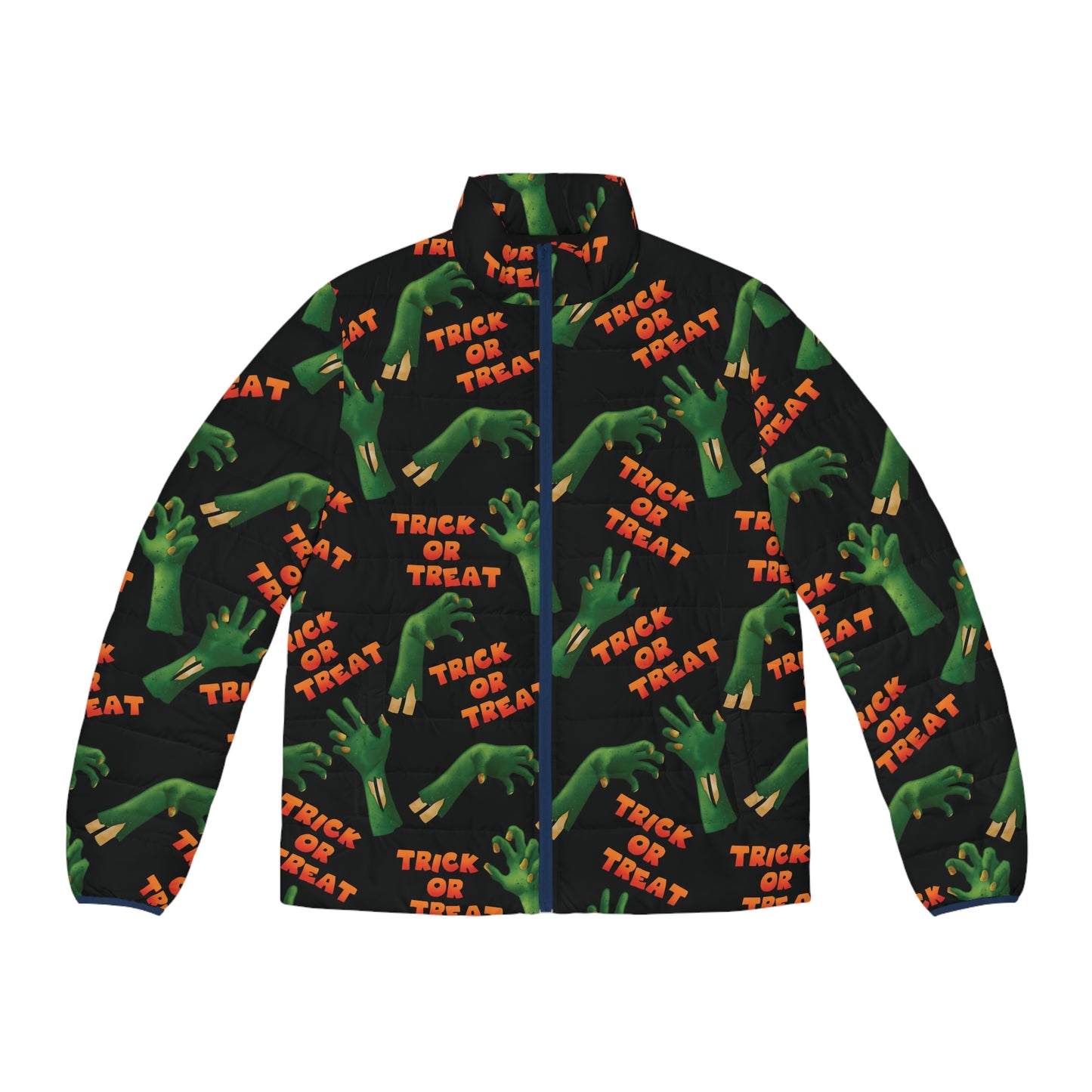 Trick or Treat Zombie hands Coming out of the Ground Halloween Men's Puffer Jacket (AOP)