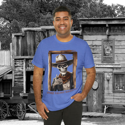 Spooky Saloon Showdown Gunslinging Skeleton Cowboy Halloween Unisex Jersey Short Sleeve Tee